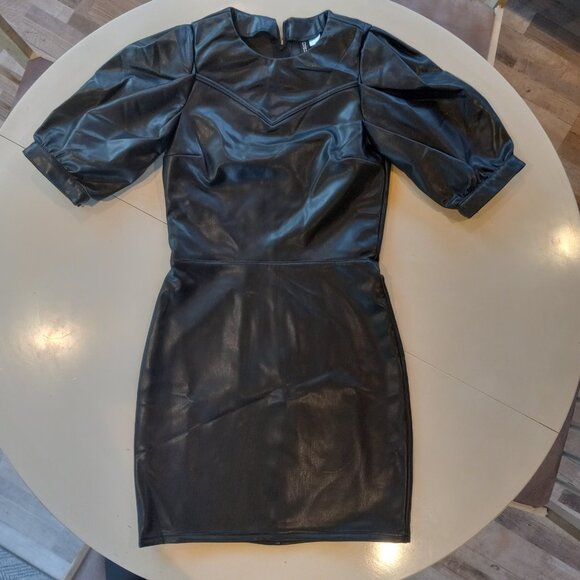 BNWT H&M Divided Black Faux Leather Puff Sleeve Mini Dress XS - Picture 2 of 15